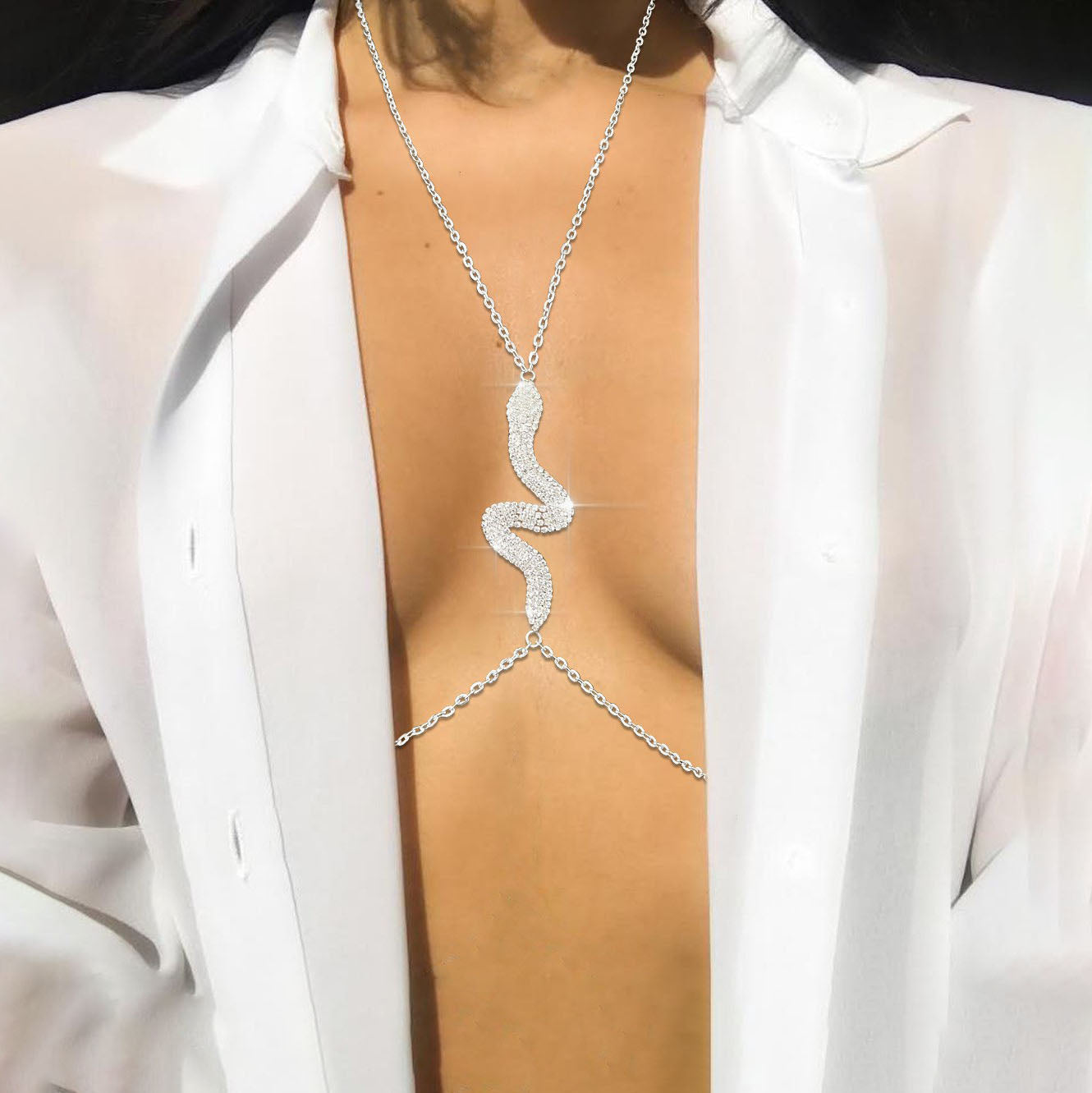 Sexy, sparkling serpentine rhinestone body chain