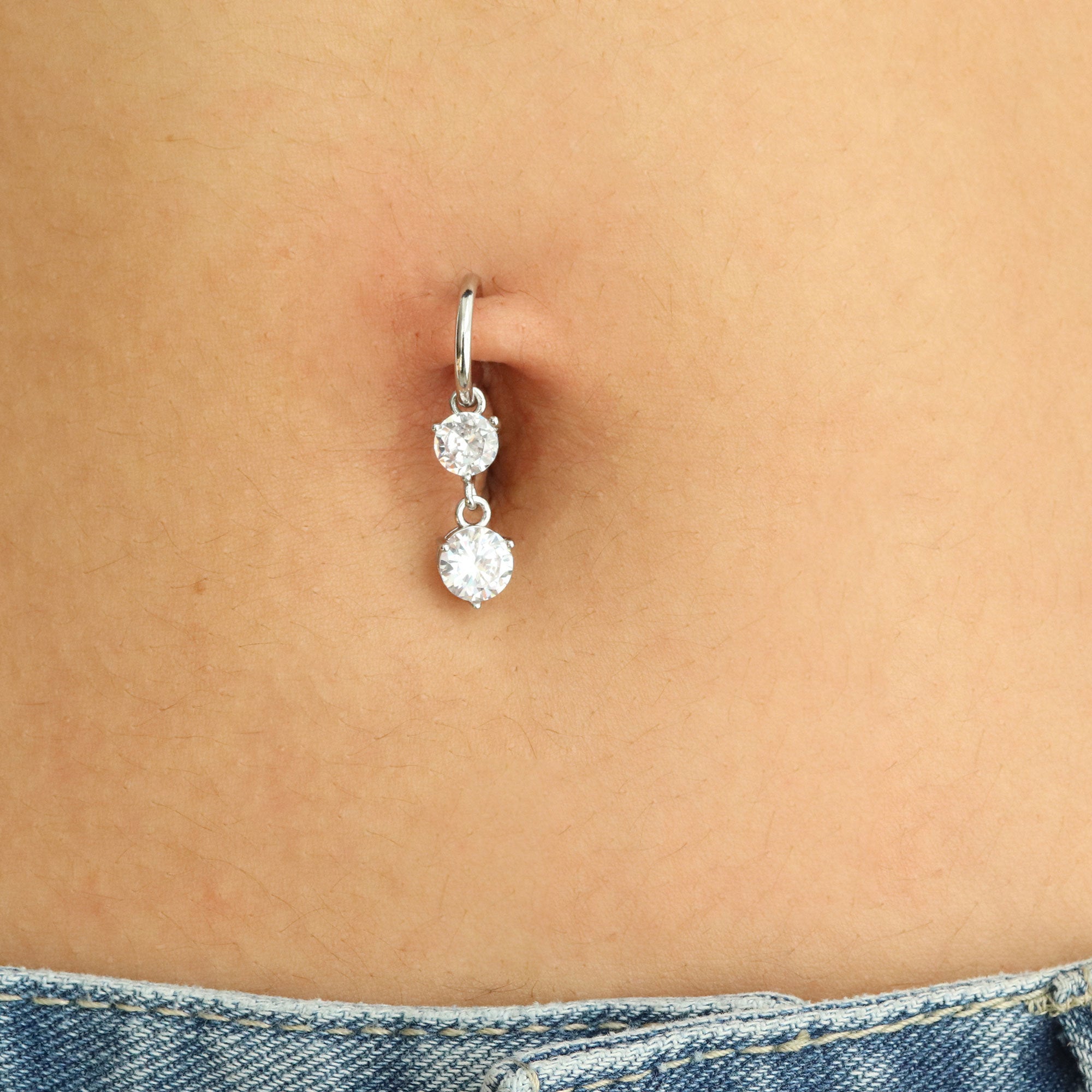 Two Crystal Drop Hoop Clip On Fake Navel Piercing