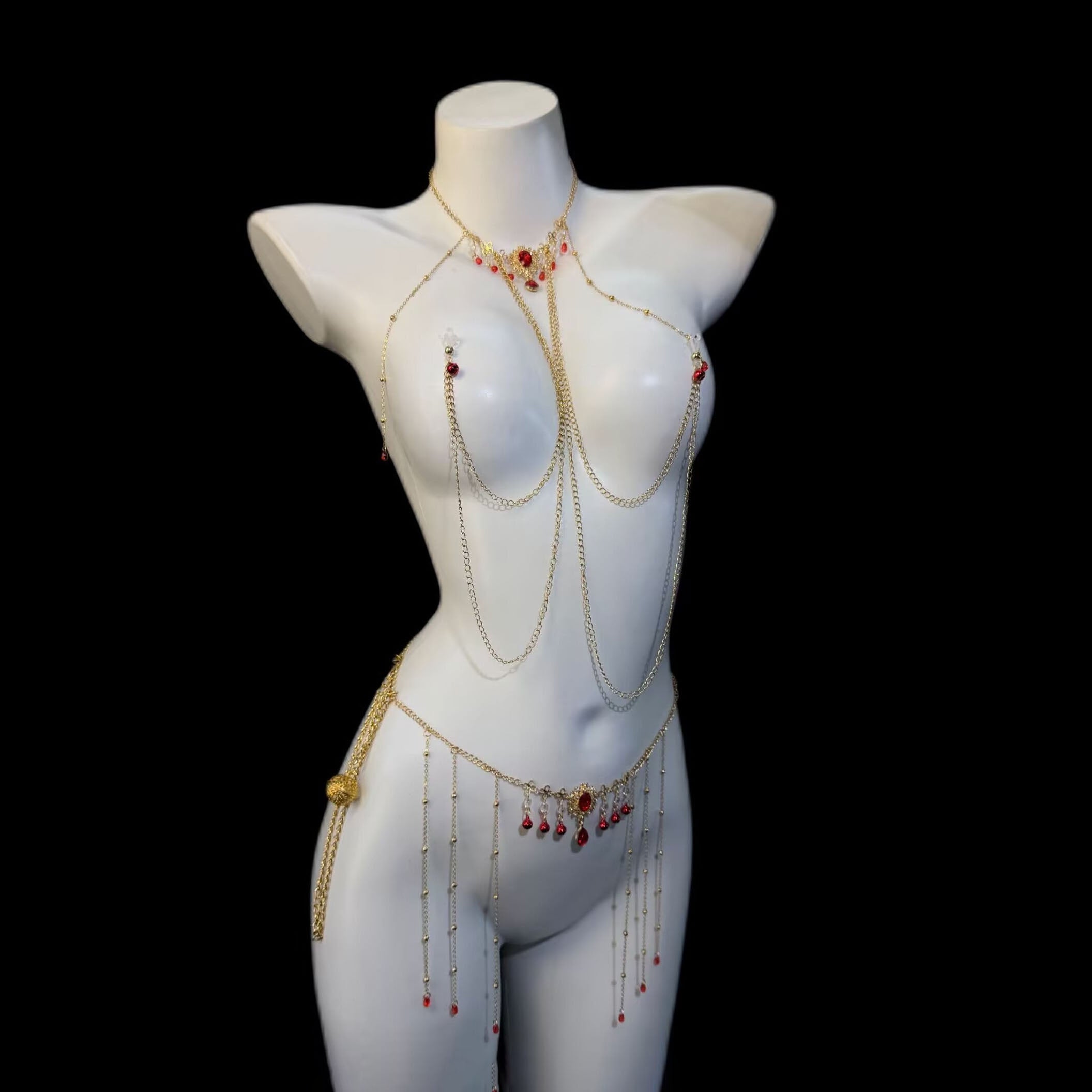 Gothic-style ruby nipple body chain