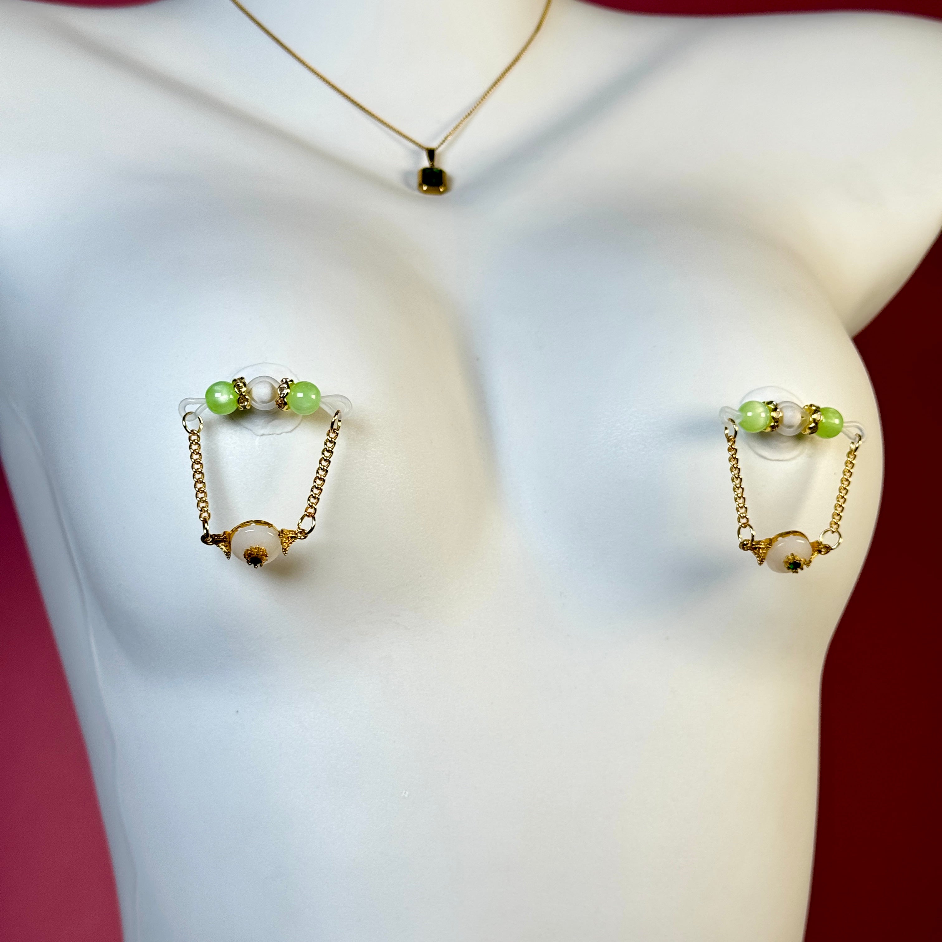 Jade nipple clamps + jade necklace