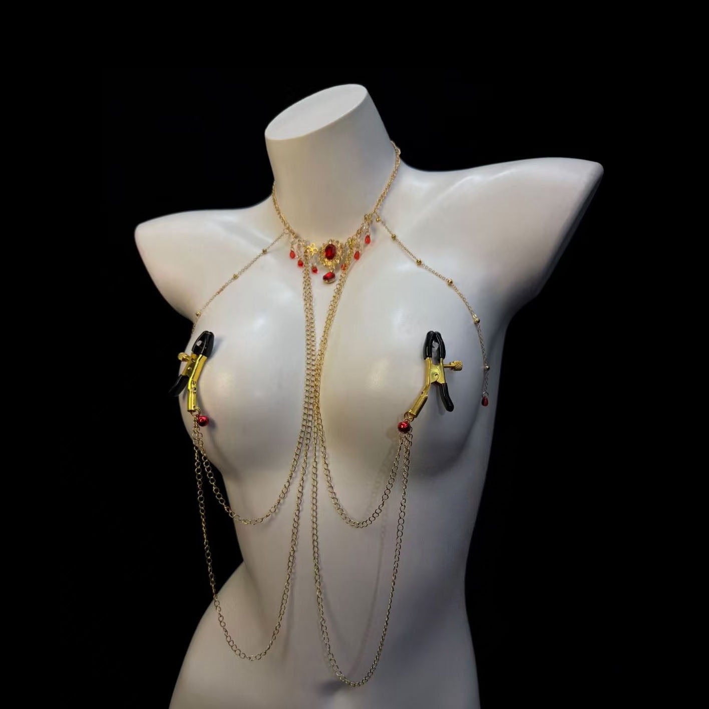 Gothic-style ruby nipple body chain