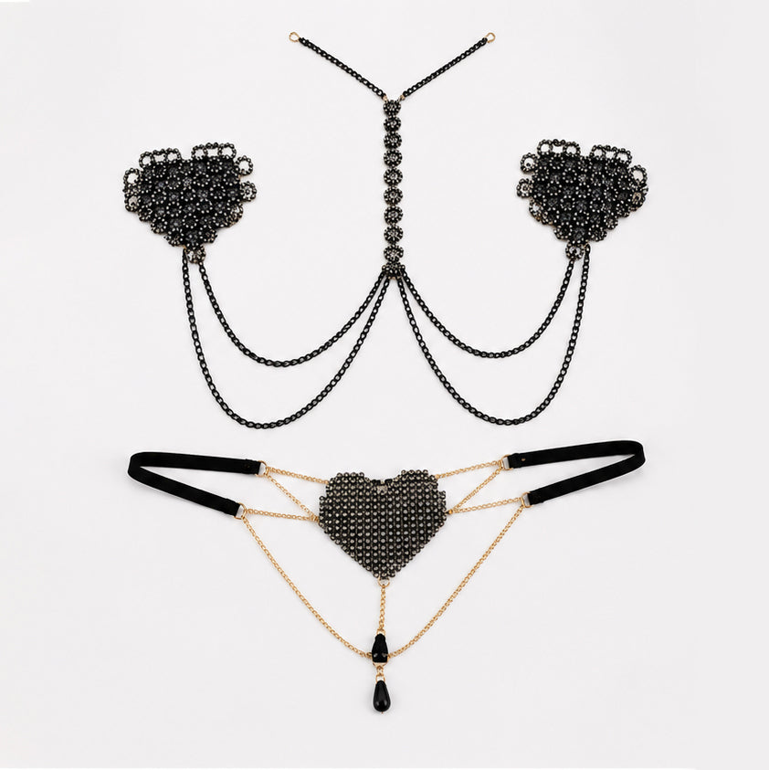 Black Crystal Heart Nipple Cover & Waist Chain Set