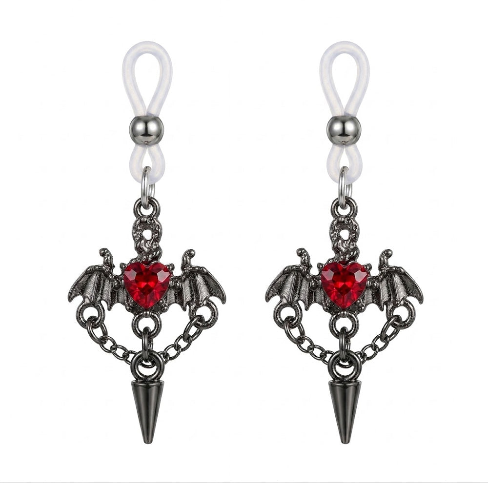Gothic bat-wing heart-shaped non-piercing nipple rings