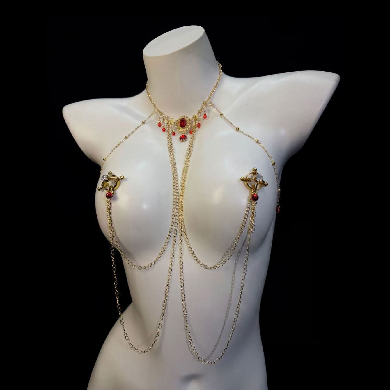 Gothic-style ruby nipple body chain