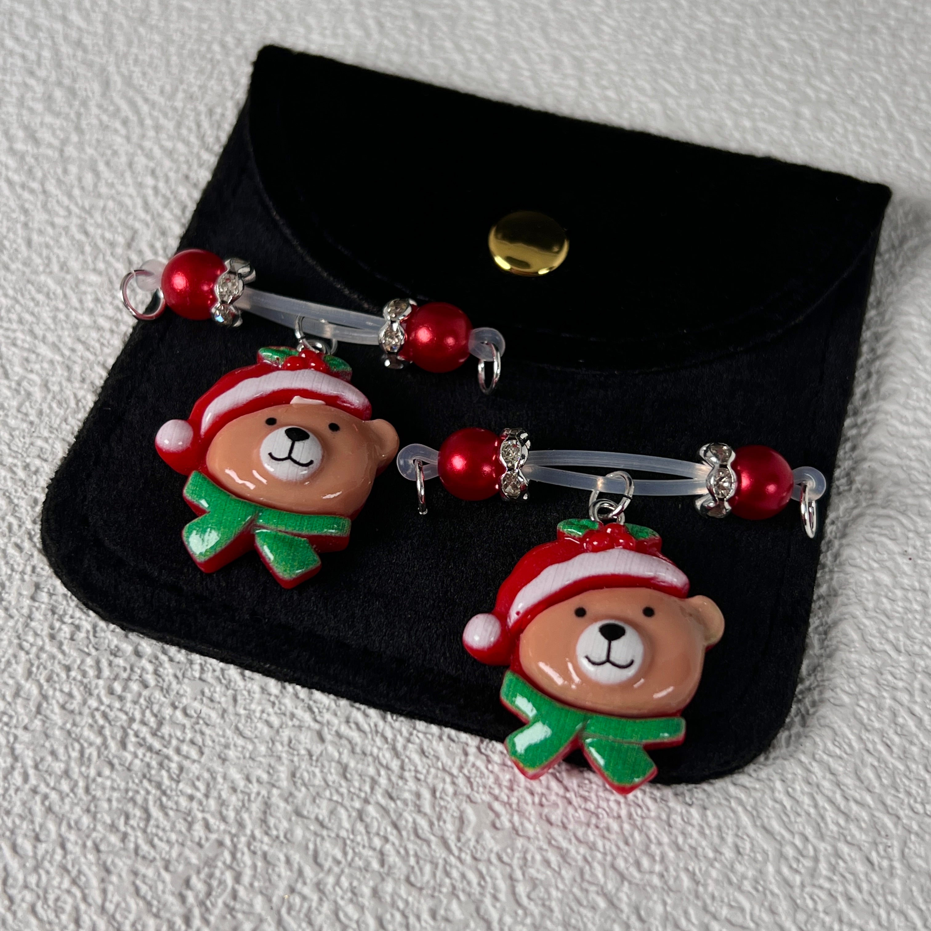 Festive Bear Charm Red Bead Nipple Clips