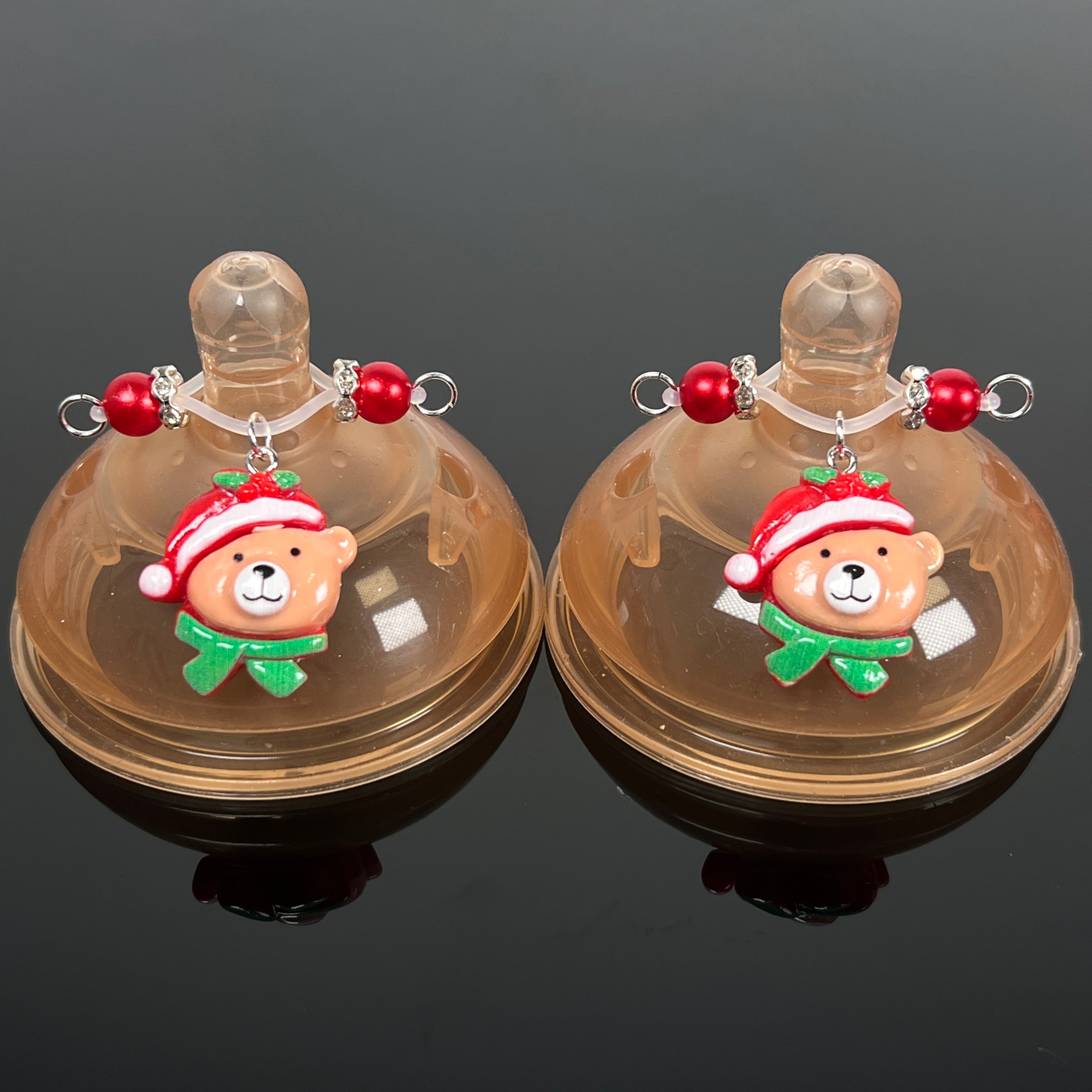 Festive Bear Charm Red Bead Nipple Clips