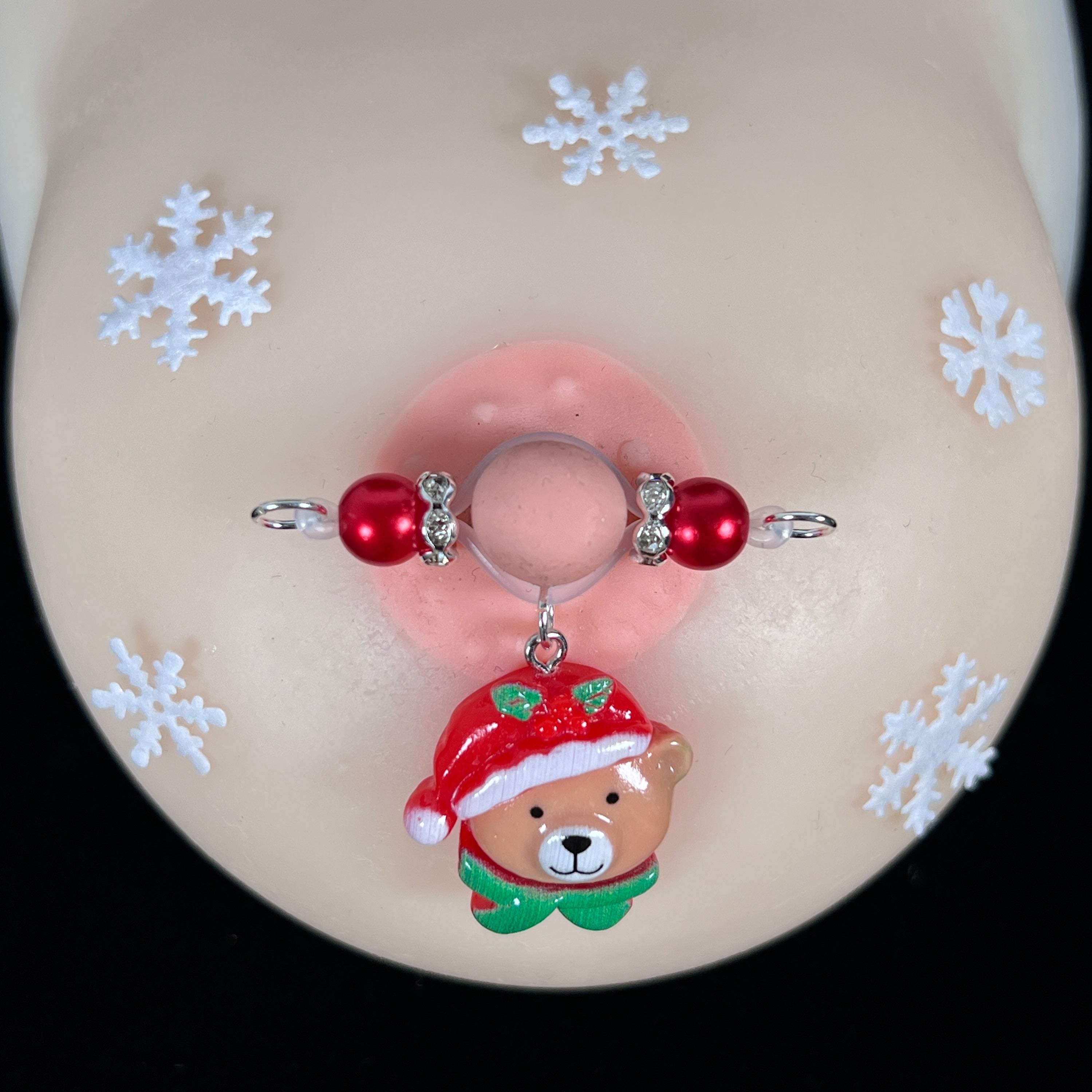 Festive Bear Charm Red Bead Nipple Clips