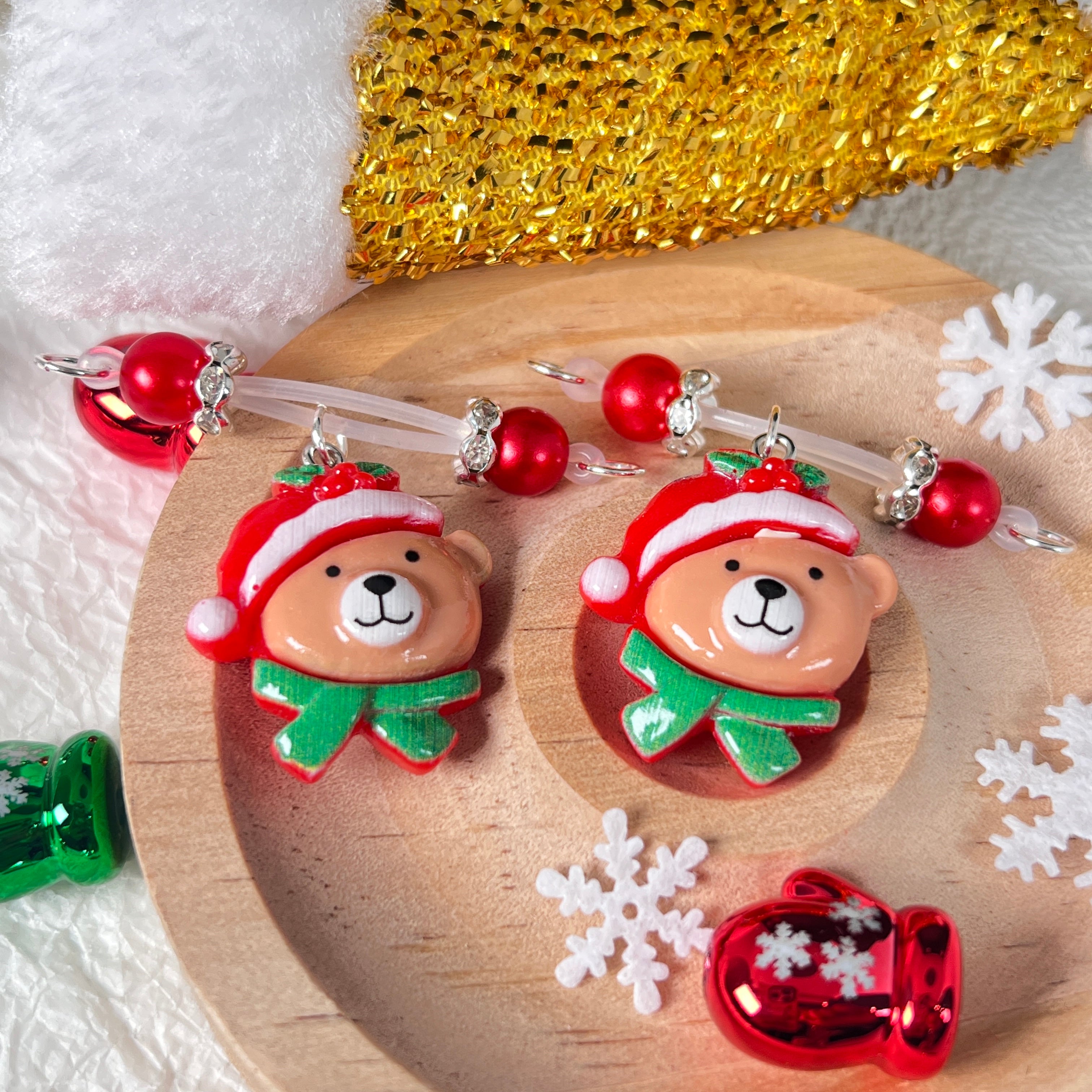 Festive Bear Charm Red Bead Nipple Clips