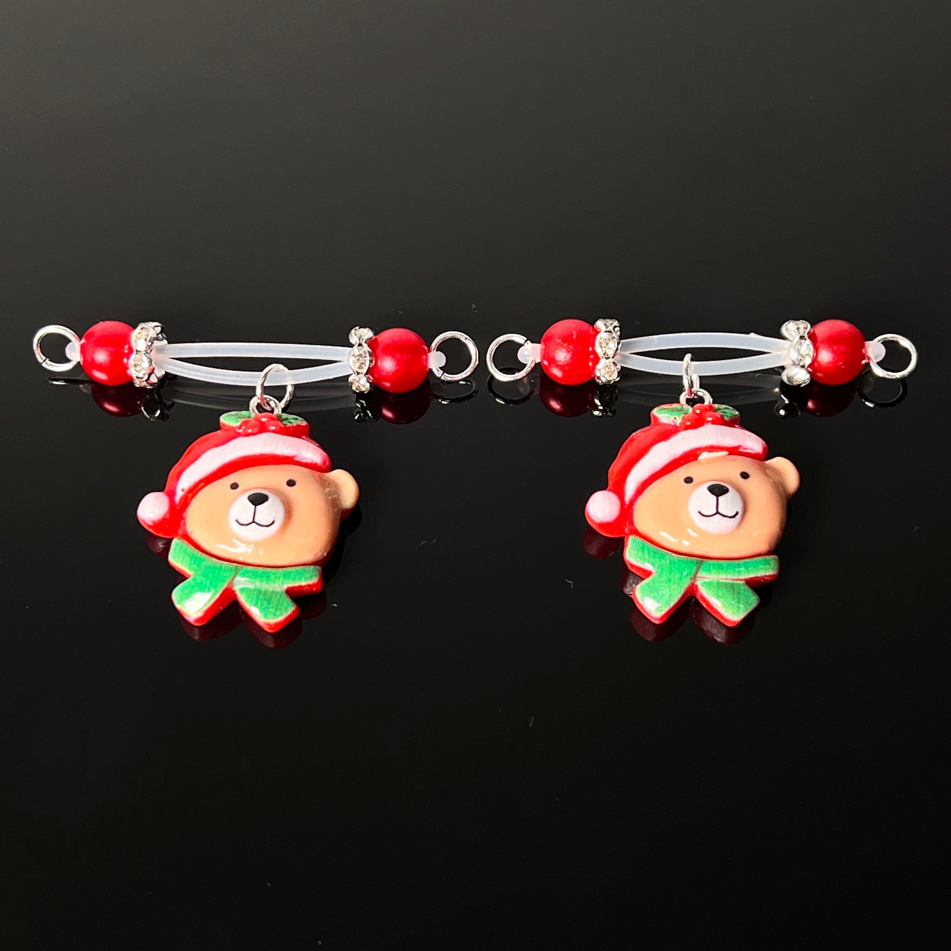 Festive Bear Charm Red Bead Nipple Clips