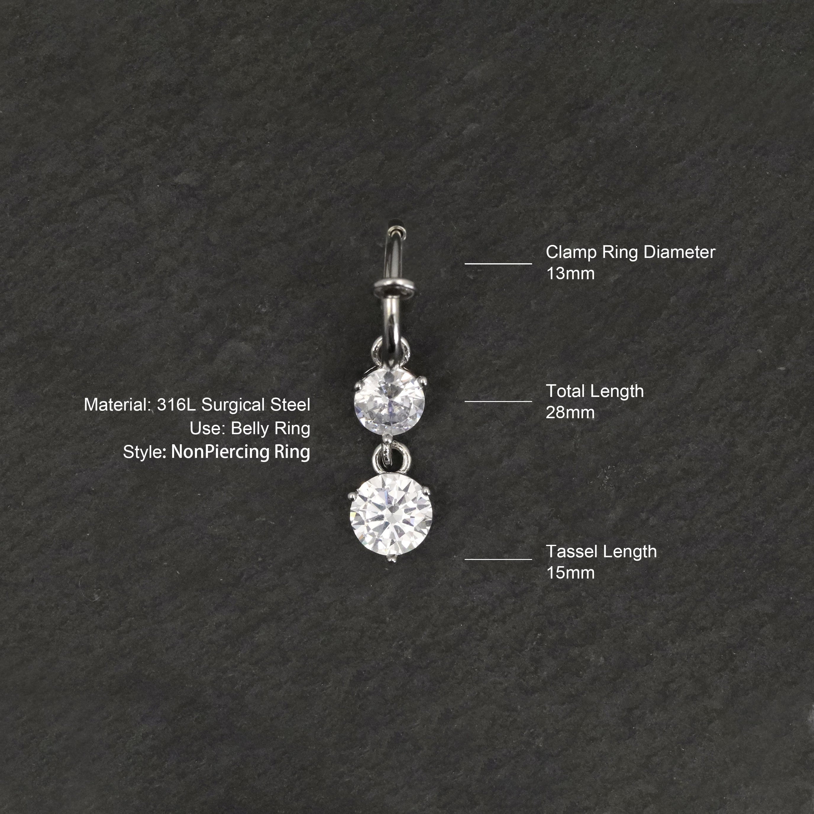 Two Crystal Drop Hoop Clip On Fake Navel Piercing
