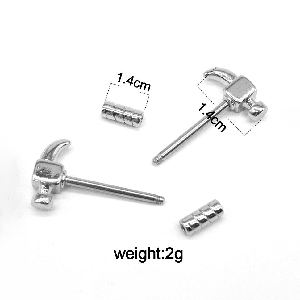 Unique Hammer-Shaped Nipple Piercing Barbells – Industrial Tool Design (1 Pair)
