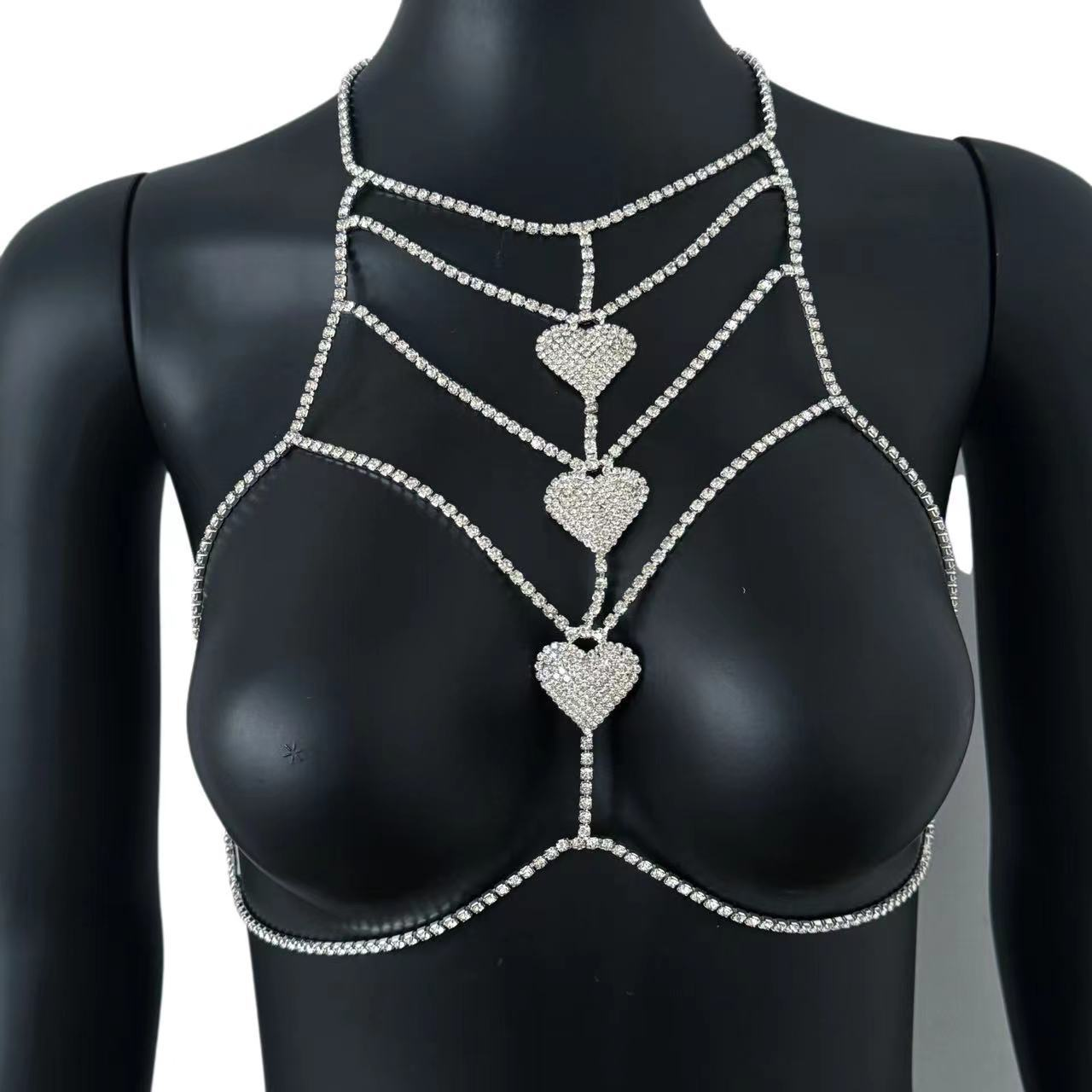 Sparkling rhinestone heart-shaped halter-neck body chain