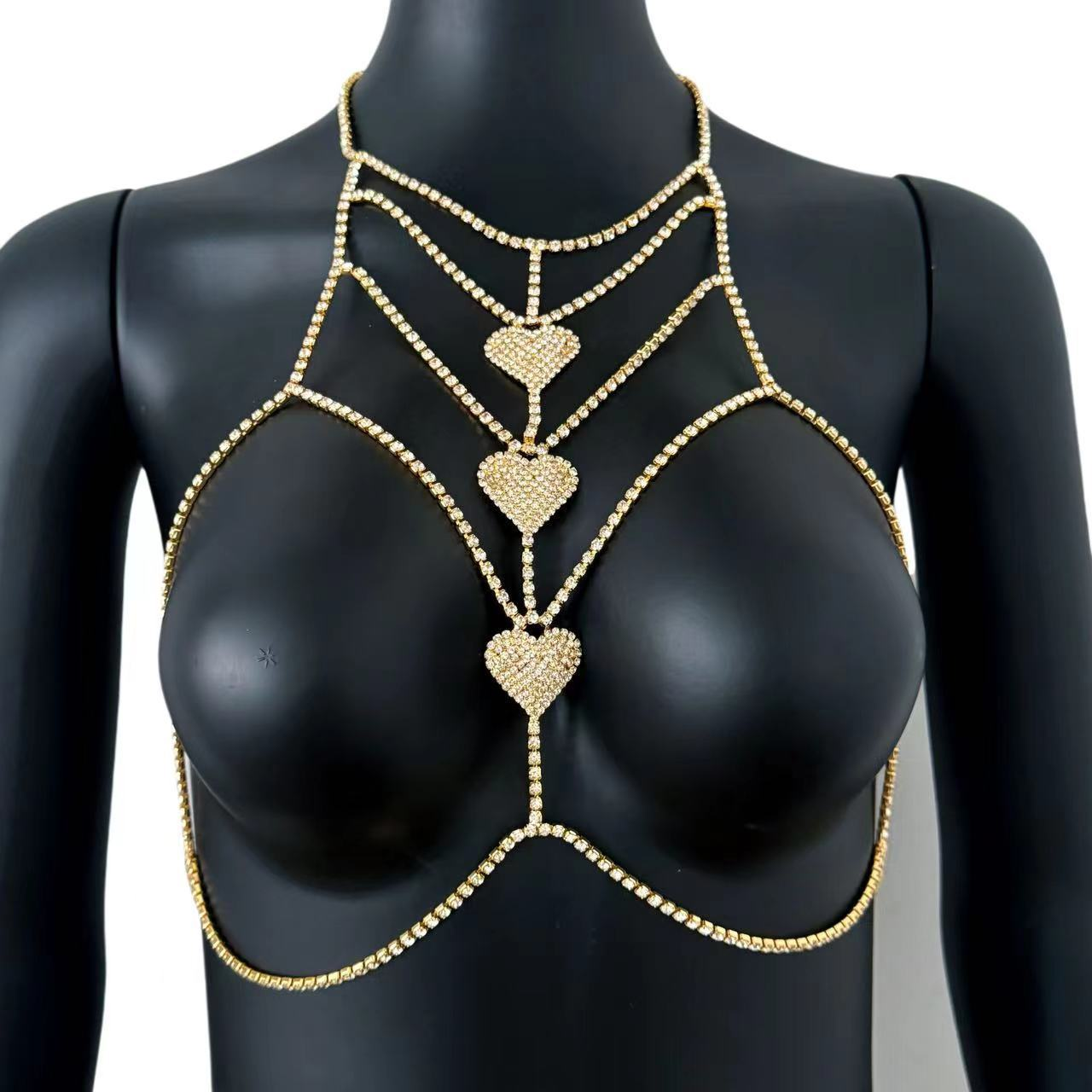 Sparkling rhinestone heart-shaped halter-neck body chain