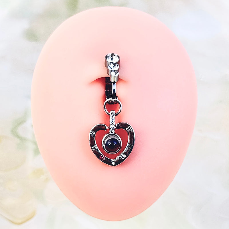 Navel jewelry featuring "I Love You" in a hundred languages.