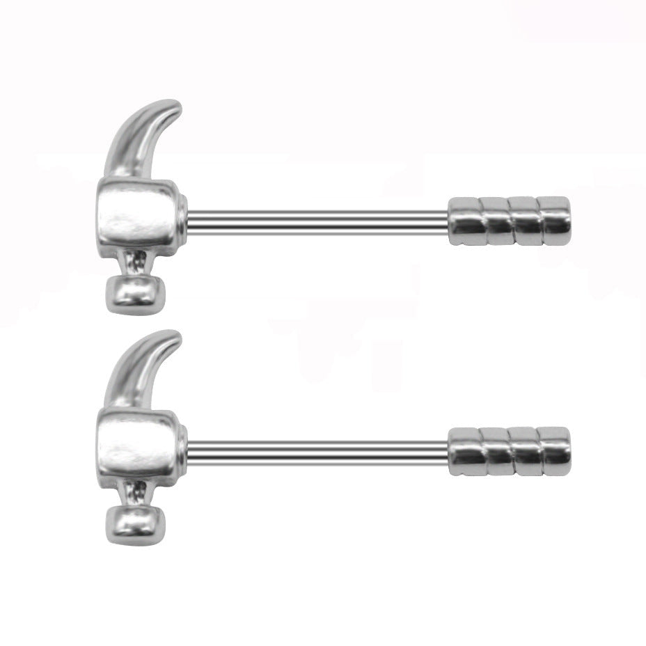 Unique Hammer-Shaped Nipple Piercing Barbells – Industrial Tool Design (1 Pair)