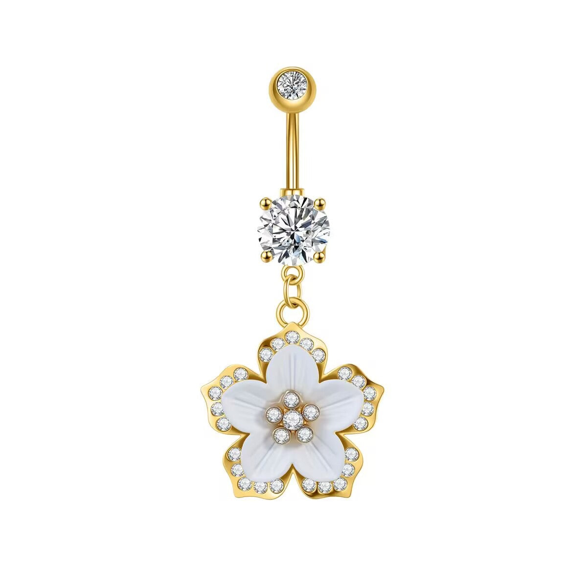 Elegant White Flower Dangle Navel Ring
