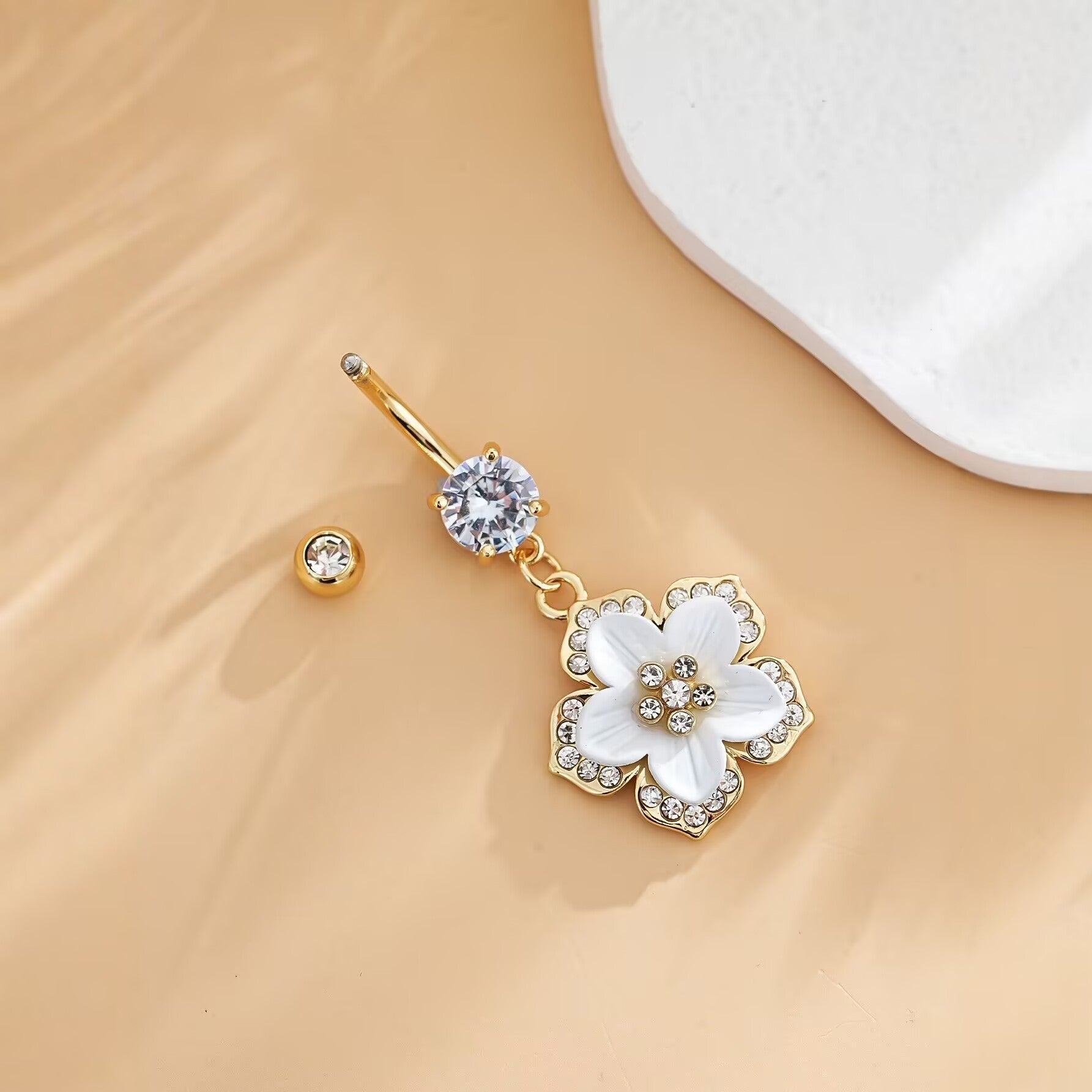 Elegant White Flower Dangle Navel Ring