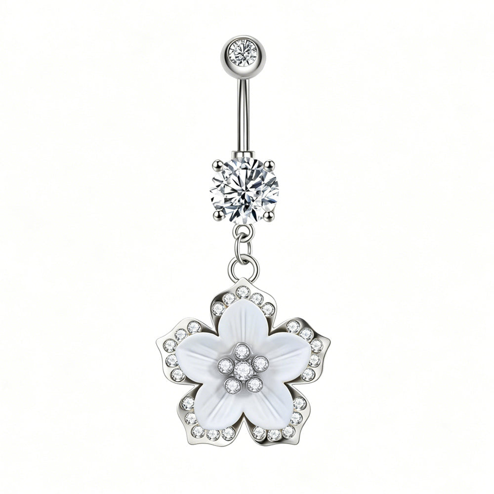Elegant White Flower Dangle Navel Ring