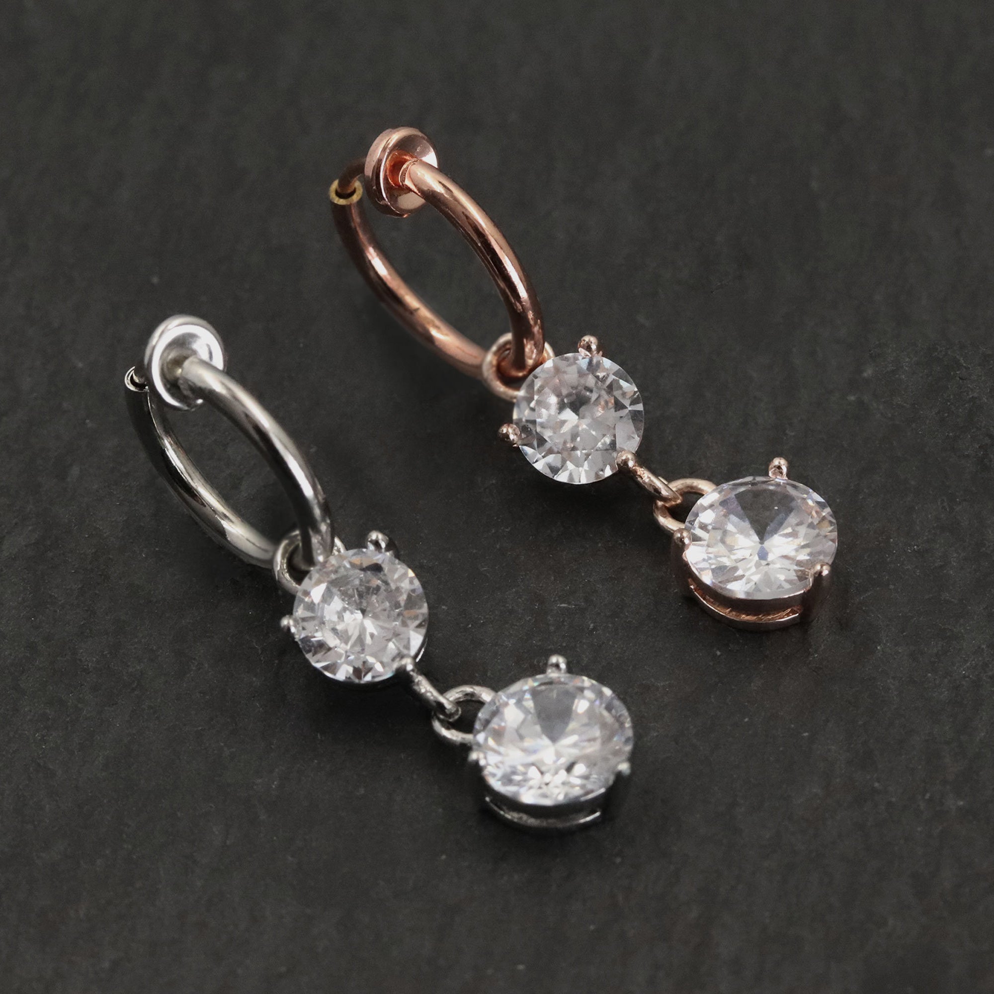 Two Crystal Drop Hoop Clip On Fake Navel Piercing