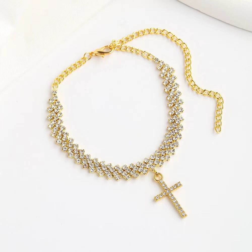 Glam Crystal Cross Foot Jewelry – Trendy Layered Anklet