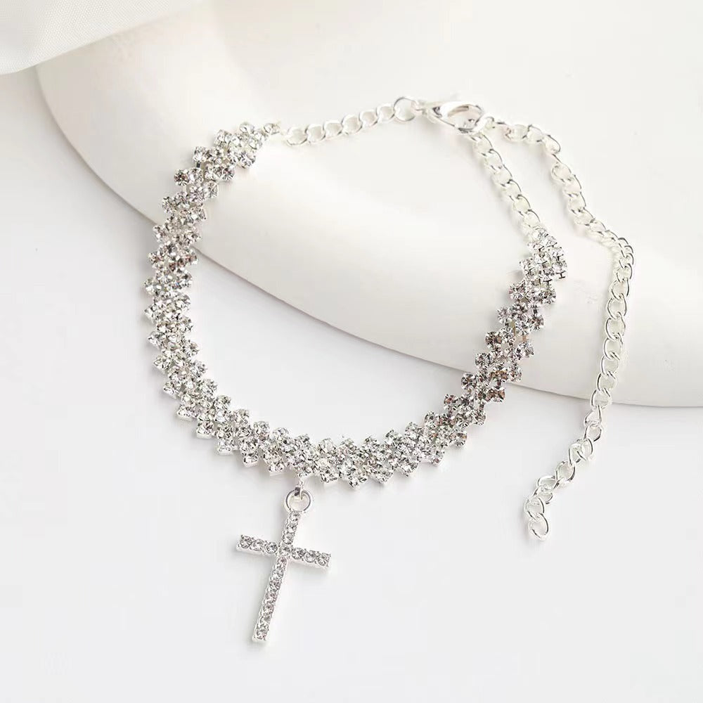 Glam Crystal Cross Foot Jewelry – Trendy Layered Anklet