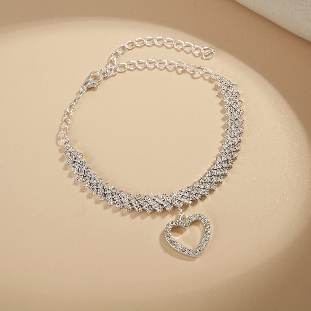 Elegant Multi-Layer Rhinestone Anklet with Heart Pendant