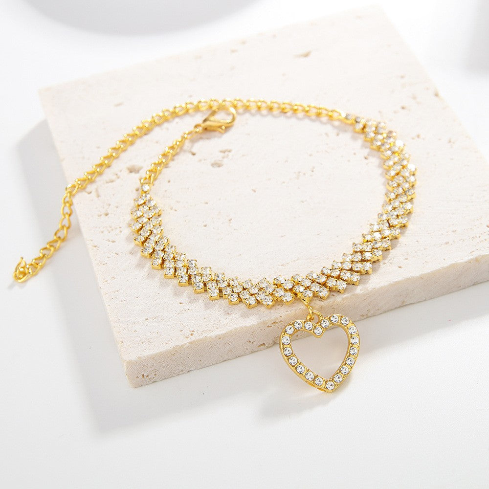 Elegant Multi-Layer Rhinestone Anklet with Heart Pendant