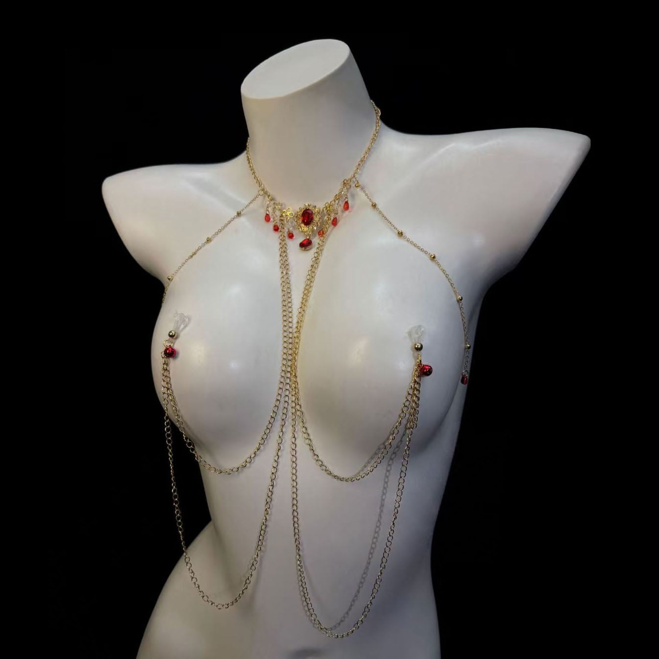 Gothic-style ruby nipple body chain