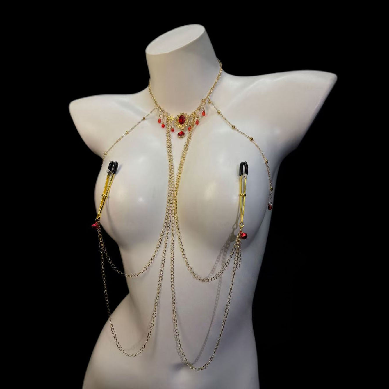 Gothic-style ruby nipple body chain