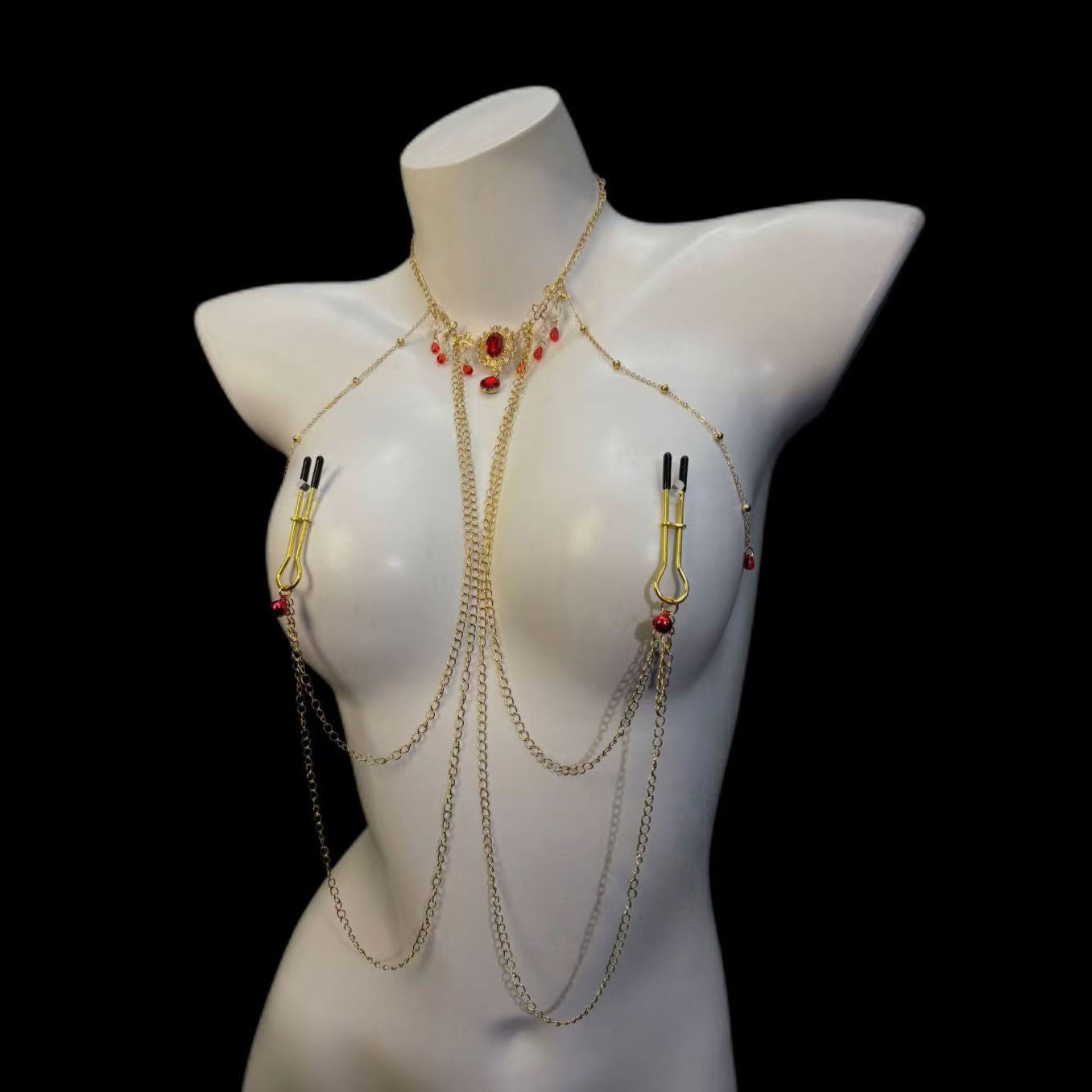 Gothic-style ruby nipple body chain