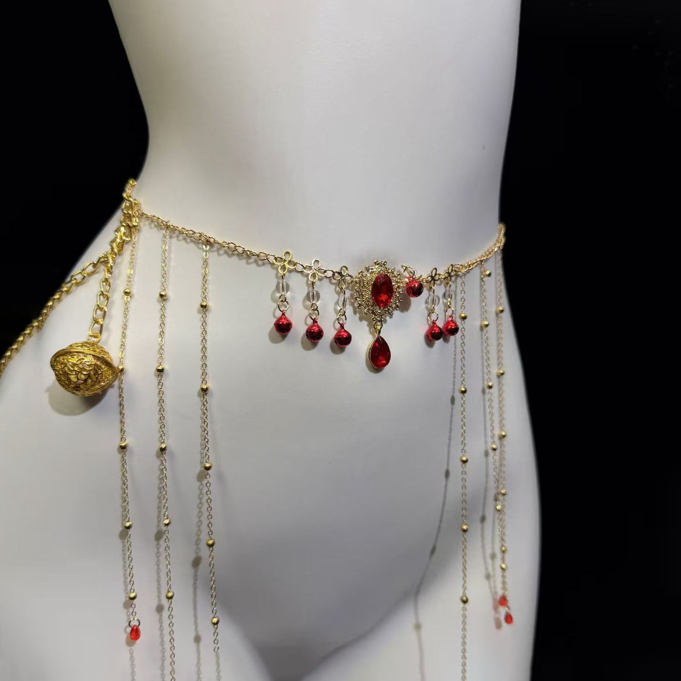 Gothic-style ruby nipple body chain