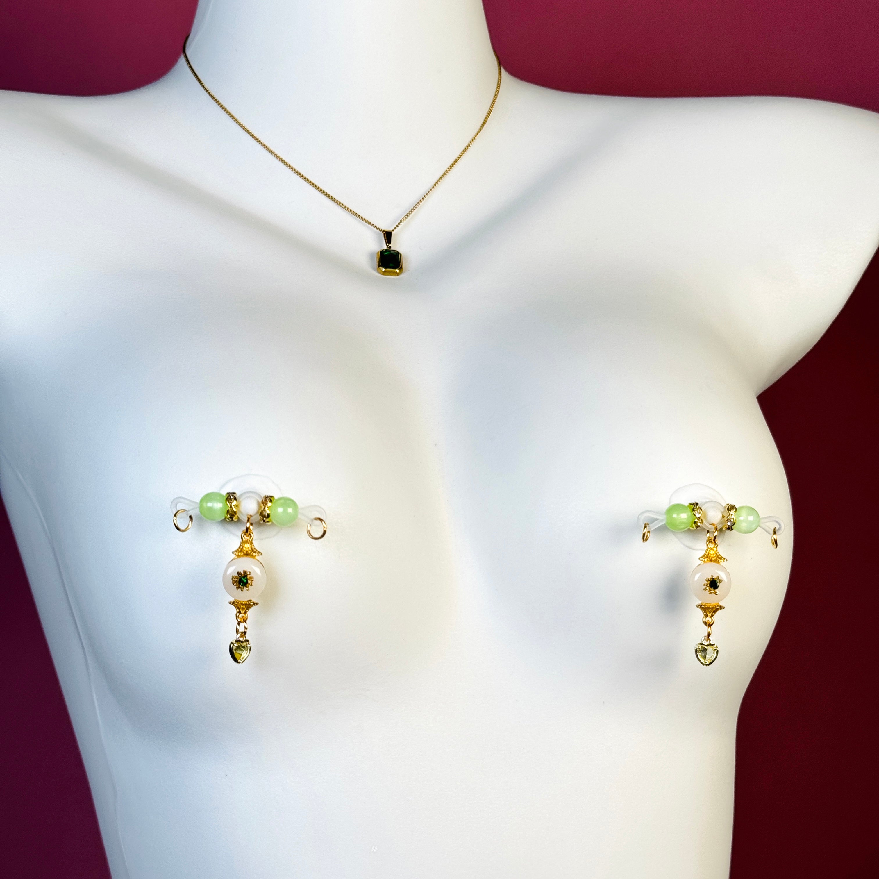 Jade nipple clamps + jade necklace