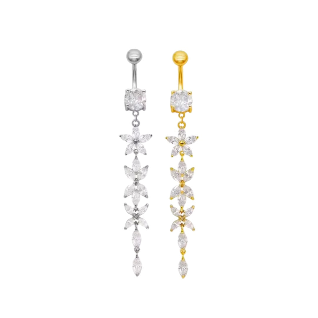 Long Flower CZ Dangle Drop Pierced Belly Button Ring