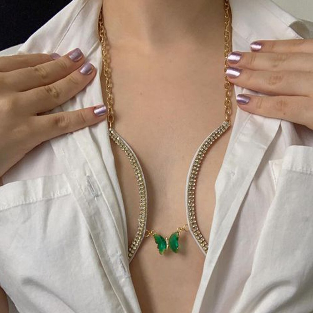 Green butterfly rhinestone chest chain