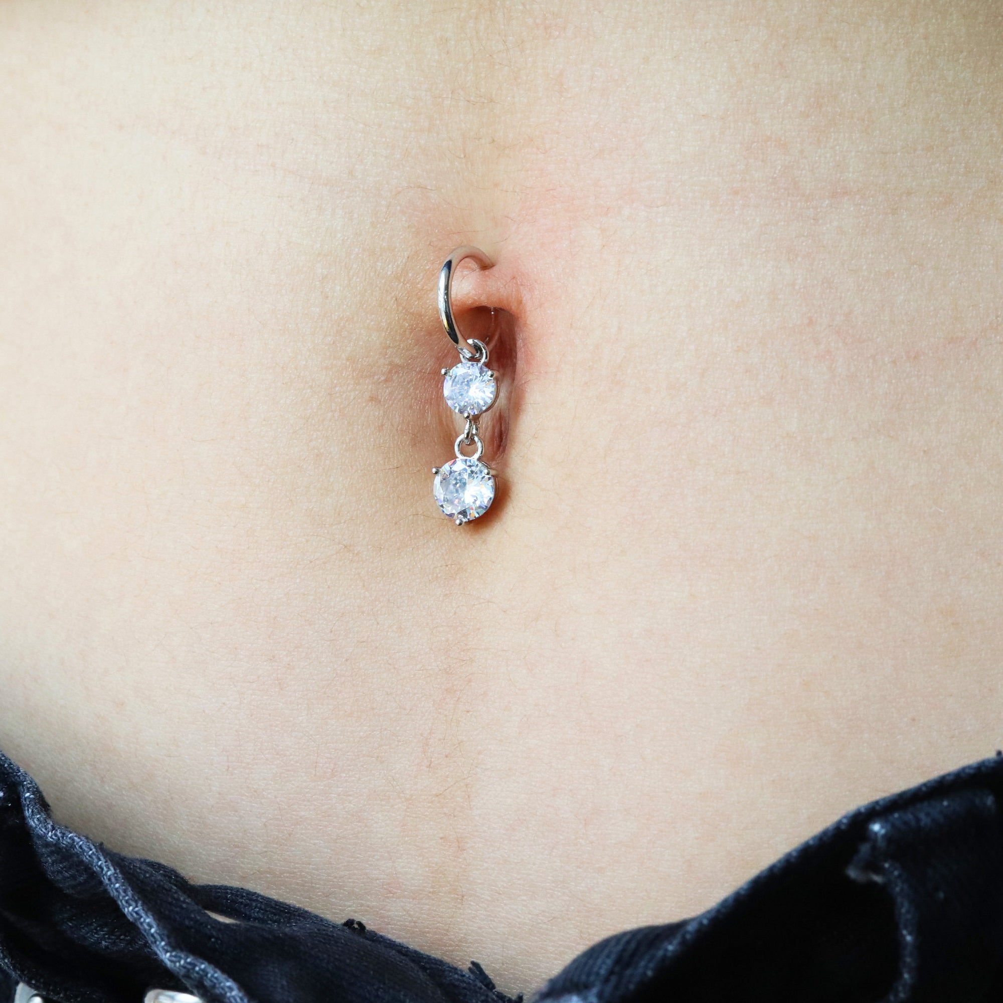 Two Crystal Drop Hoop Clip On Fake Navel Piercing