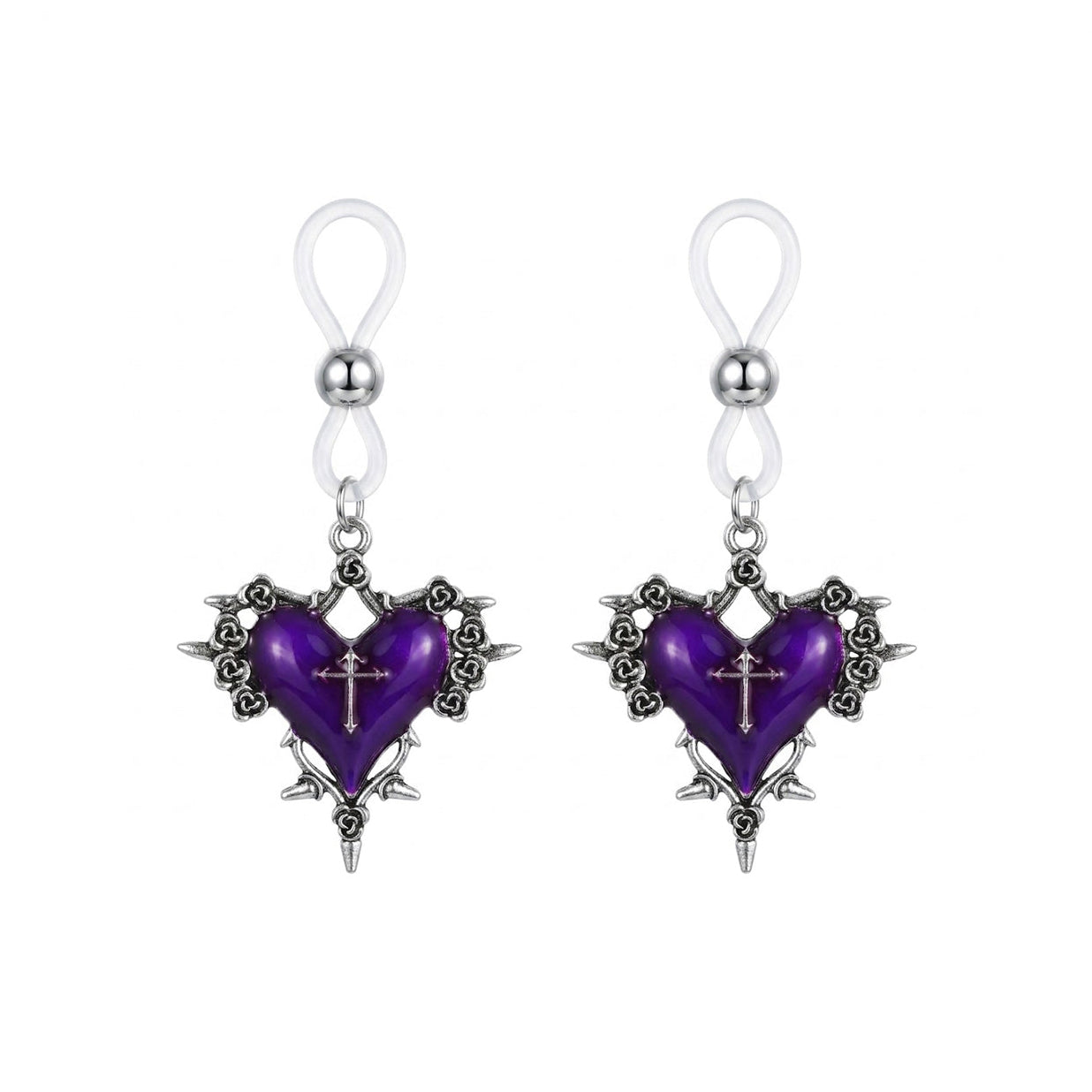 Gothic purple heart-shaped nipple clamps
