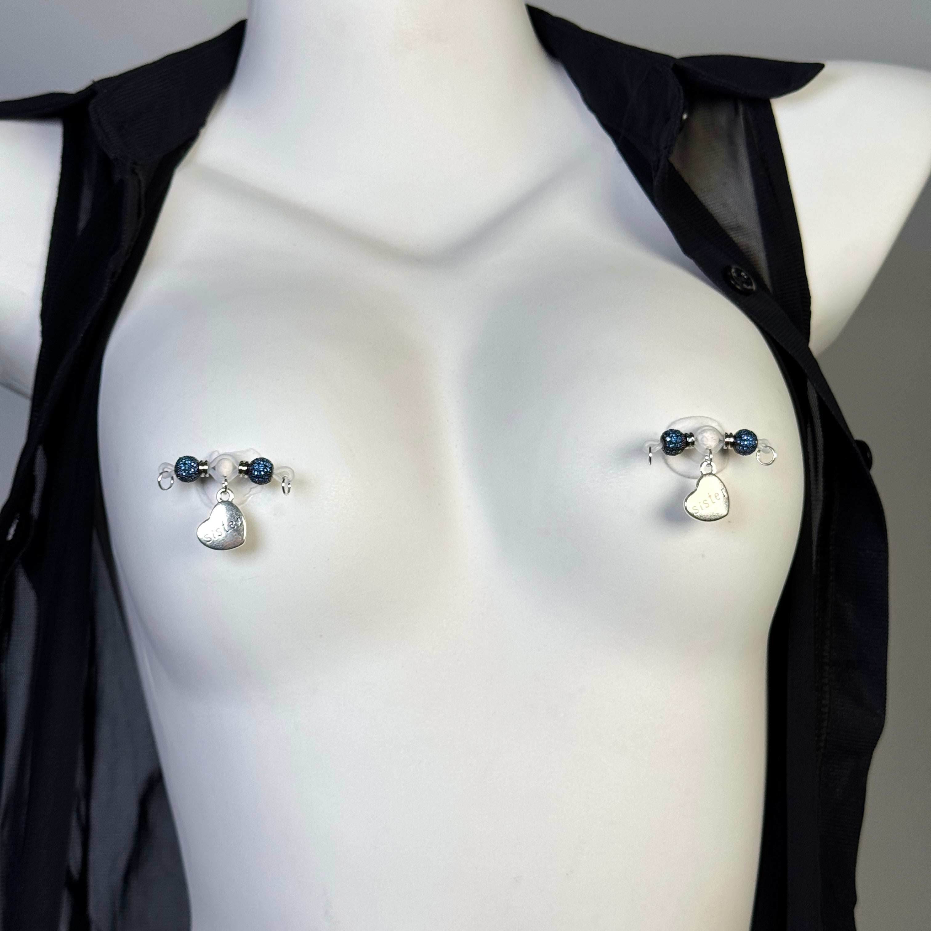 Blue Sapphire Twin Hearts Nipple Bar Set – Brother & Sister Edition