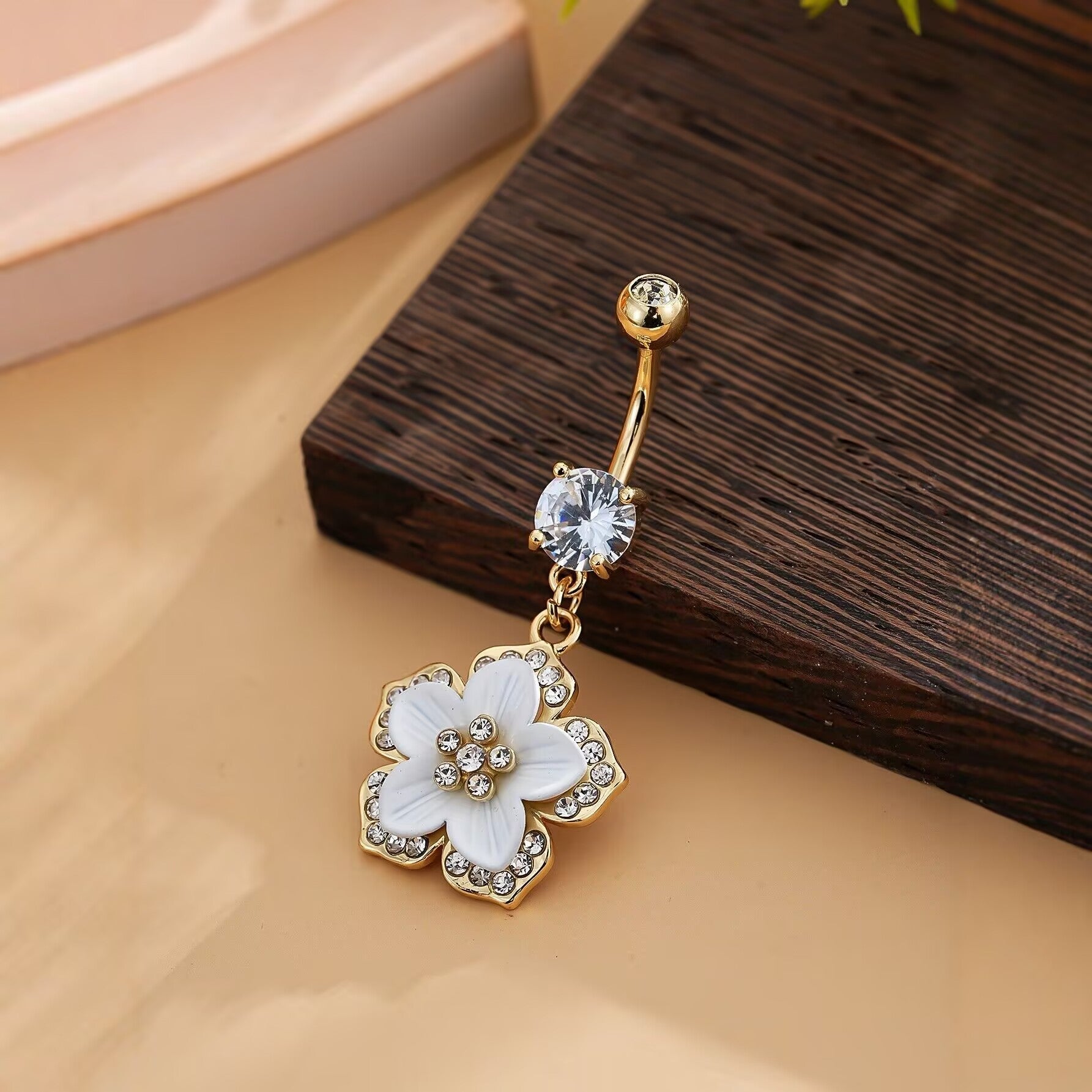 Elegant White Flower Dangle Navel Ring