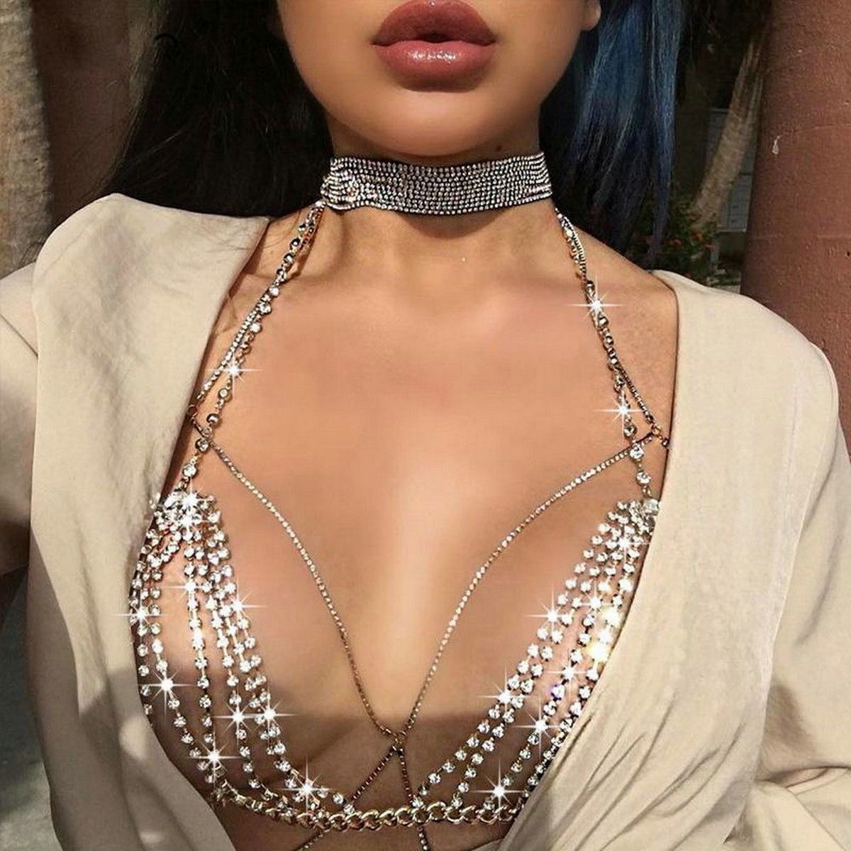 Multi-layer rhinestone bikini body chain