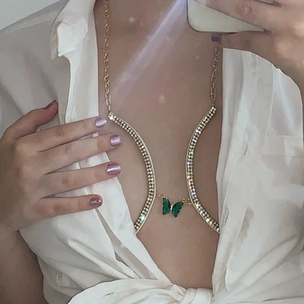 Green butterfly rhinestone chest chain