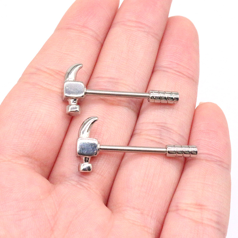 Unique Hammer-Shaped Nipple Piercing Barbells – Industrial Tool Design (1 Pair)