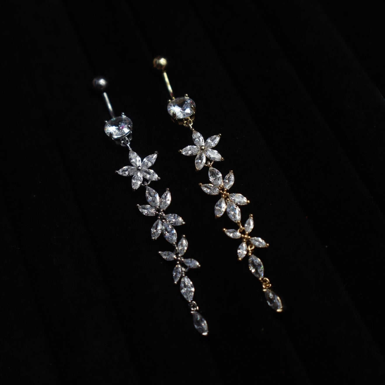 Long Flower CZ Dangle Drop Pierced Belly Button Ring