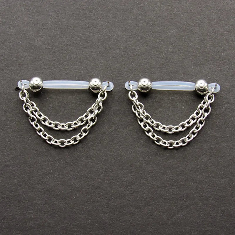 Imitation barbell and chain nipple rings