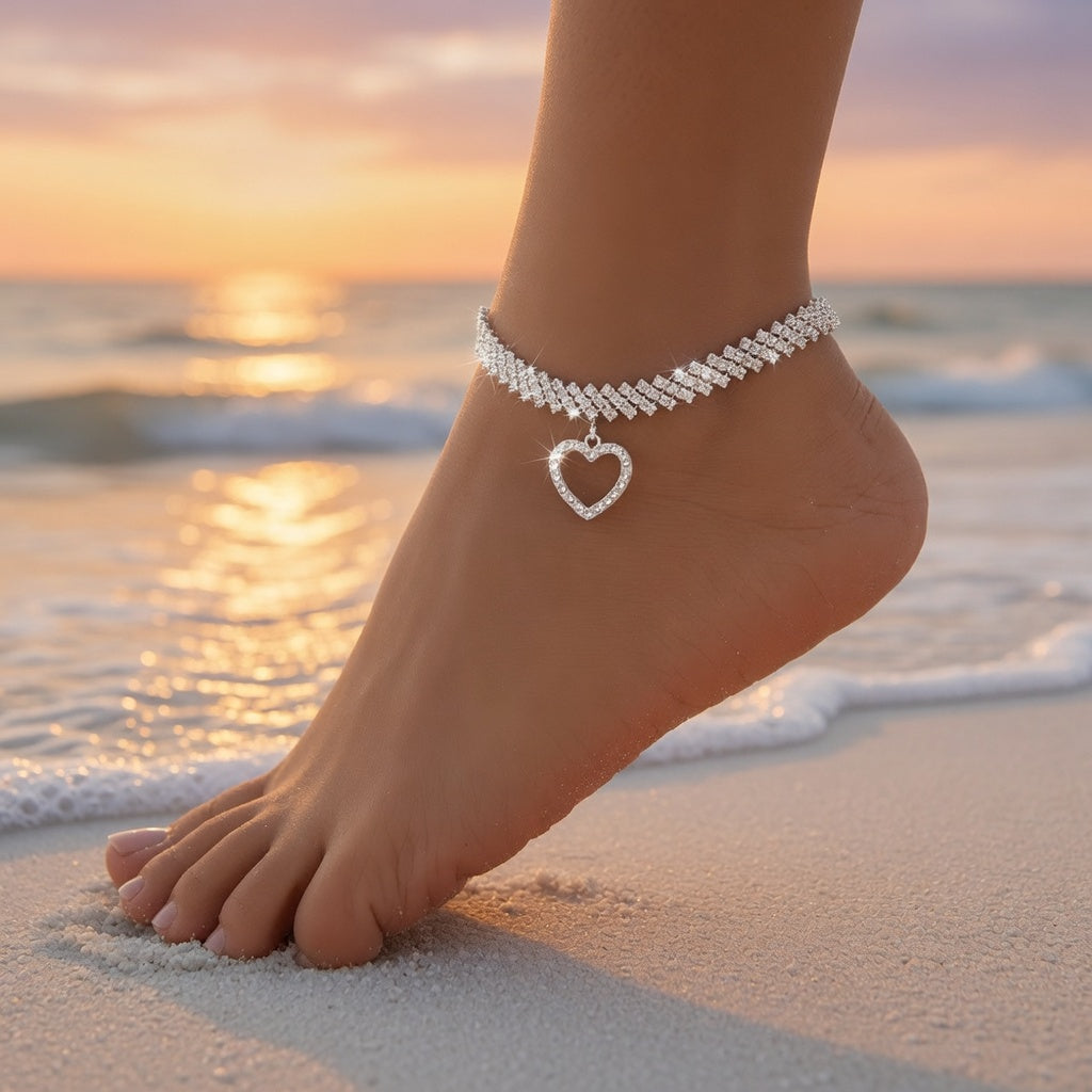 Elegant Multi-Layer Rhinestone Anklet with Heart Pendant